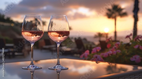 Ros    Wine Glasses on Patio Table Overlooking Scenic Sunset