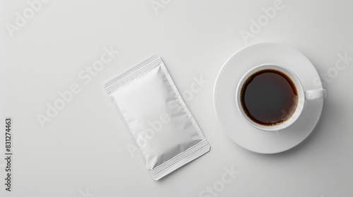White packet of sugar substitute with a cup of black coffee on a white background. Perfect for low-calorie and sugar-free diets photo