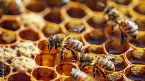 A group of bees are gathered around a honeycomb photo