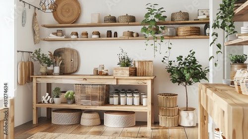 Scandinavian storage with open shelving, minimalist design, and natural elements photo