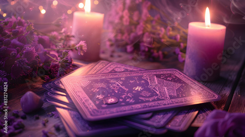 Tarot cards with candle light purple colors. fortuneteller reads fortunes by tarot cards and candles on the background. Astrology occult magic spiritual horoscopes and palm reading
