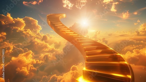A golden staircase spiraling upwards into the clouds, representing ambition and limitless possibilities