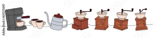 Coffee shop set one line colored continuous drawing. Coffee machine, espresso cups, gooseneck kettle, coffee grinders continuous one line illustration