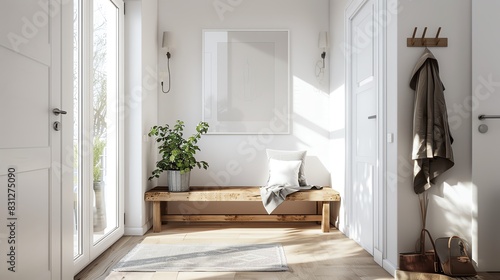 Scandinavian entryway with clean lines  wooden bench  natural light  and simple decor