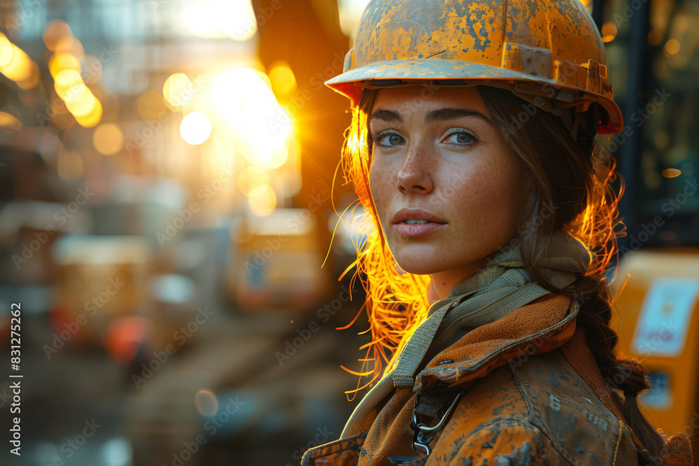 Pretty woman in a hard hat and vest stands confidently at a bustling construction site during sunrise, embodying strength and determination Pretty woman in a hard hat and vest stands confidently at a bustling construction site during sunrise, embodying strength and determination