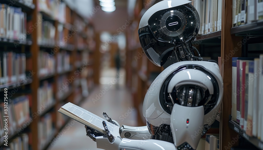 A robot is reading a book in a library by AI generated image A robot is reading a book in a library by AI generated image