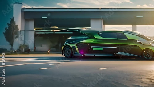 Green Sports Car Driving Down Road Generative AI