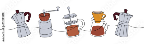 Coffee shop set one line colored continuous drawing. Small coffee grinder, French press, coffee makers continuous one line colored illustration.