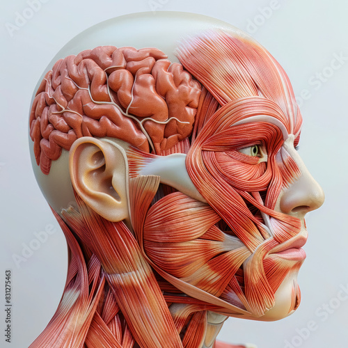 Illustration, profil, anatomy with muscels and nerves of a human head