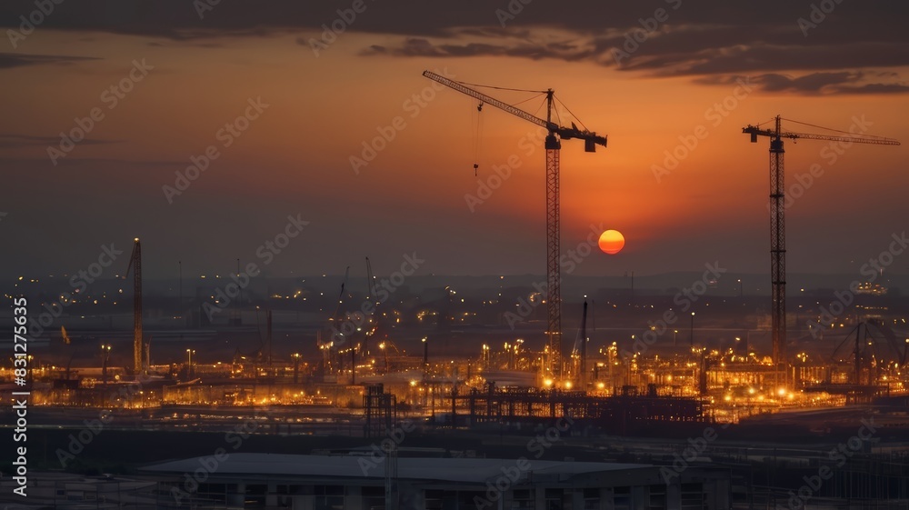 Urban Construction Landscape, Ideal for architectural firms, construction companies, and real estate agencies. Background depicts modern buildings and construction cranes against the urban sky. Silhou