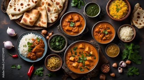Assorted various Indian food on a dark rustic background. Traditional Indian dishes Chicken tikka masala, palak paneer, saffron rice, lentil soup, pita bread and spices. Square photo.Top view photo