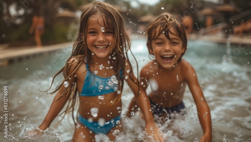 Children having fun in the pool on a sunny day, playing, laughing, and splashing around photo