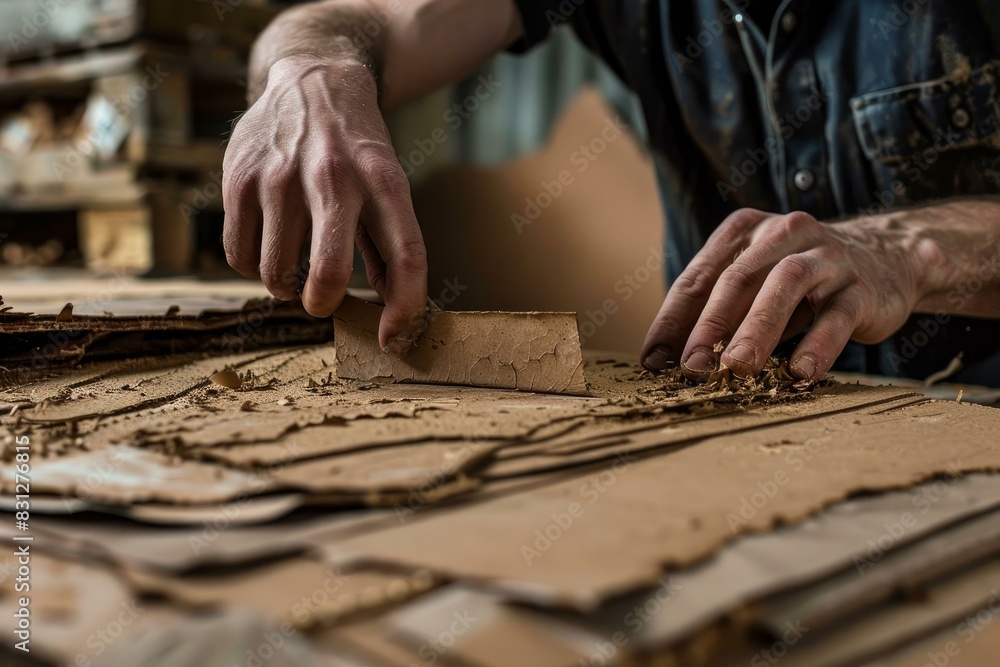 Closeup of skilled craftsman's hands working with wood on a dusty table Closeup of skilled craftsman's hands working with wood on a dusty table