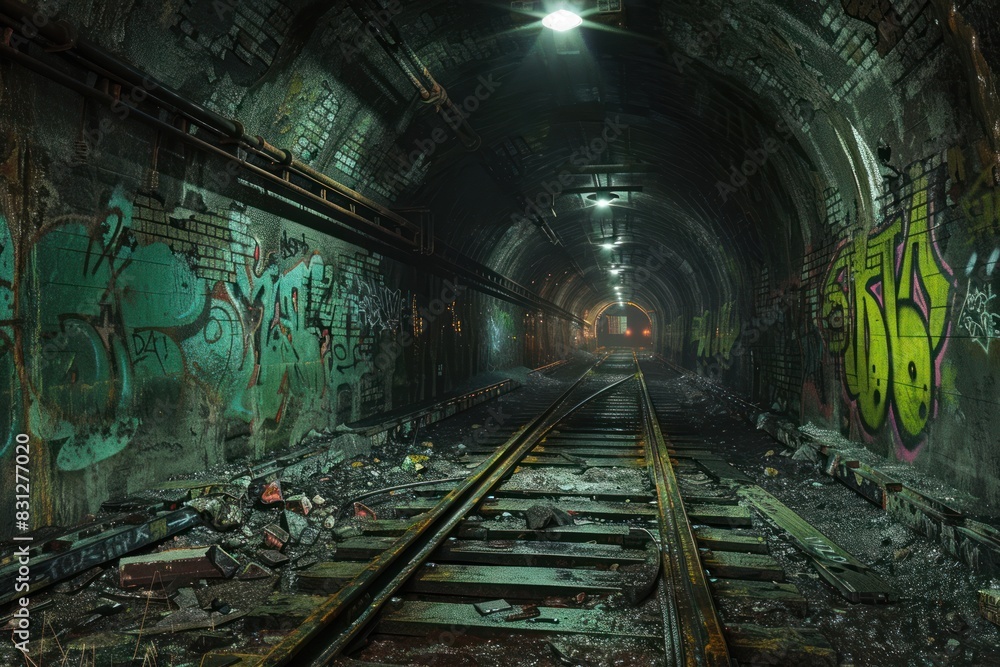 A dark tunnel with graffiti on the walls and a train track A dark tunnel with graffiti on the walls and a train track