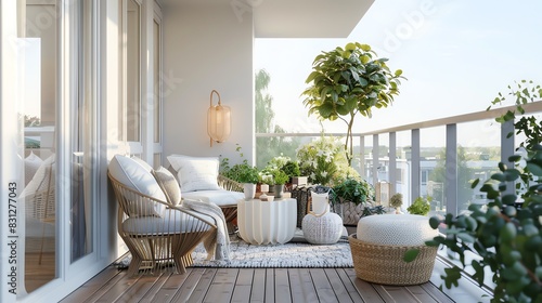 Scandinavian balcony with white furniture, wooden flooring, potted plants, and a serene atmosphere