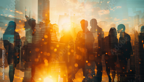 A group of people walking in a city at sunset by AI generated image