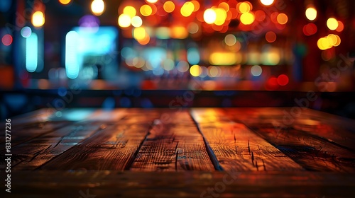 A wooden table with a blurred bar in the background. © Matee