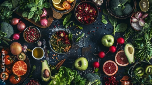 Overhead view of a variety of fresh vegetables and fruits arranged on a dark rustic table.