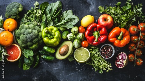 Overhead view of a variety of fresh vegetables and fruits arranged on a dark rustic table.