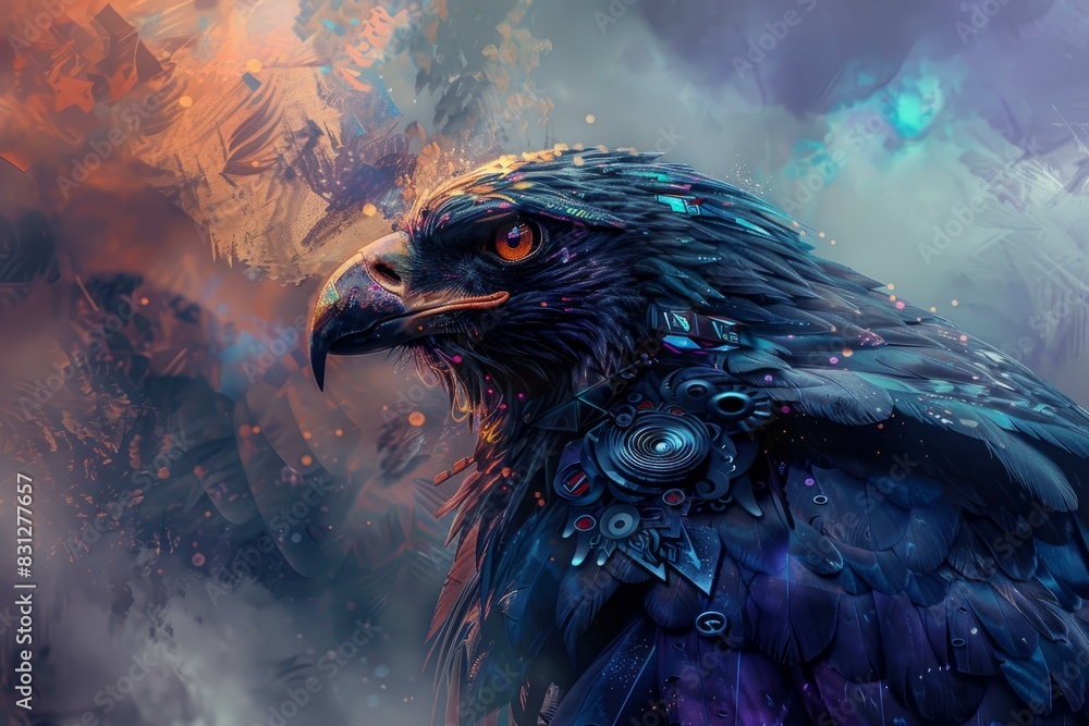 Fototapeta premium Futuristic cybernetic eagle concept art with vibrant colors, detailed illustration, and organic elements