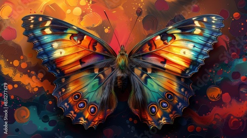 Digital art depiction of a colorful butterfly on a dynamic, abstract background © Denys