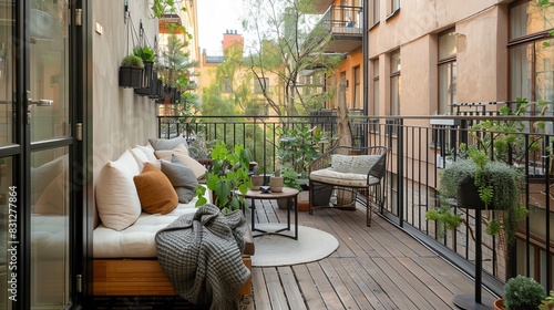 Scandinavian balcony with wooden flooring, minimalist furniture, potted plants, and a serene atmosphere