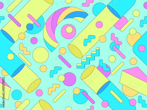 Memphis geometric seamless pattern with 3D shapes in 80s and 90s style. Colorful candy color palette. Isometric geometric 3D shapes. Design for wallpapers, banners and posters. Vector illustration
