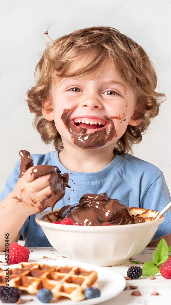 A joyful child eats delicious Belgian waffles with chocolate cream and berries