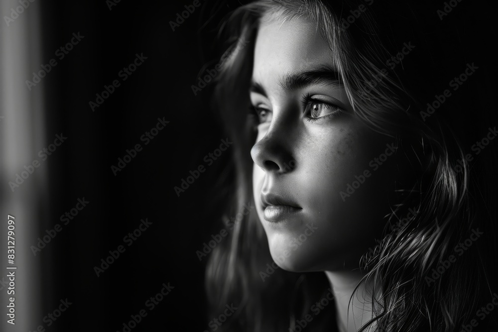 Portrait of a girl looking away in a solid color background, AI generated Portrait of a girl looking away in a solid color background, AI generated