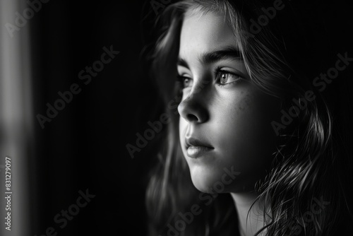 Portrait of a girl looking away in a solid color background, AI generated