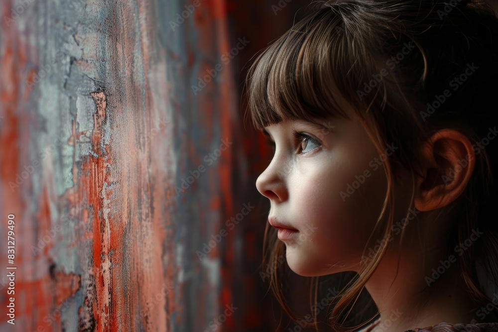 Fototapeta premium Portrait of a girl looking away in a solid color background, AI generated