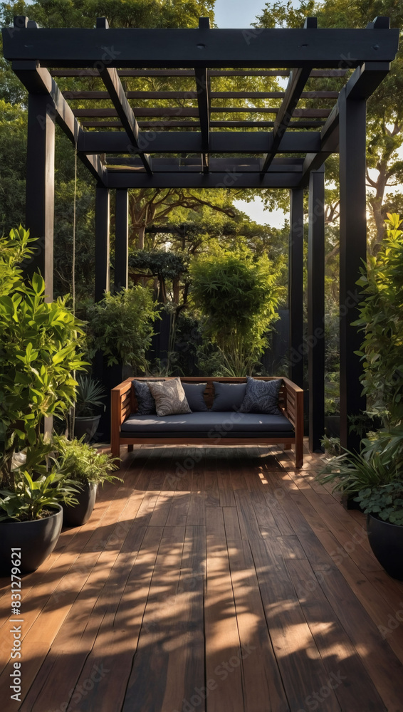 Elegant morning scene in a lavish garden, complete with a teak hardwood deck and a chic black pergola.
