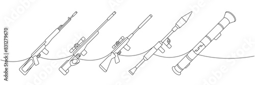 Various weapons one line continuous drawing. Sniper rifles, anti-tank grenade launchers continuous one line illustration. Vector linear illustration.