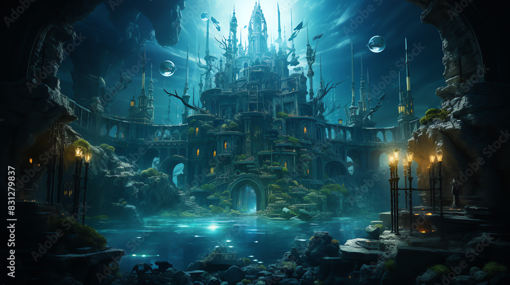 A futuristic underwater city. There are several buildings of various heights, all connected by bridges and walkways. Fish and other sea creatures swim around the city.