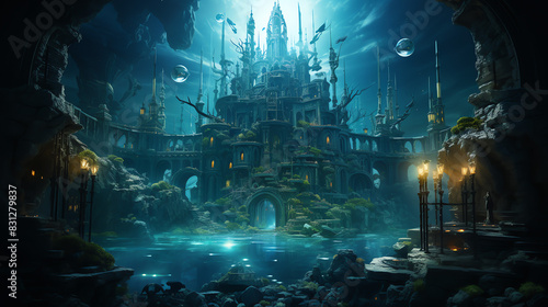A futuristic underwater city. There are several buildings of various heights, all connected by bridges and walkways. Fish and other sea creatures swim around the city. © Awais