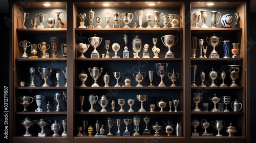A well-lit wooden trophy cabinet filled with numerous silver trophies and awards, showcasing achievements and successes in various fields.