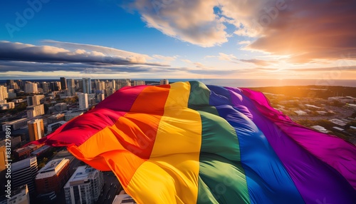 A vibrant pride flag waves over a cityscape at sunset, symbolizing diversity and LGBTQ+ pride in an urban setting with a breathtaking view. photo