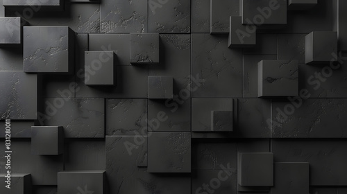 Black mosaic background. Random cubes backdrop. geometric illustration. Square shapes patterns. Architectural abstraction. Interior concept. Business or corporate decoration