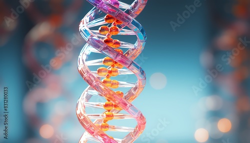 Close-up of a colorful DNA double helix strand, symbolizing genetics and biotechnology advancements in a scientific background.