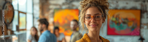 Happy young woman wearing glasses and a yellow shirt standing in a room with paintings on the walls. She is smiling and looking at the camera. There are people in the background.