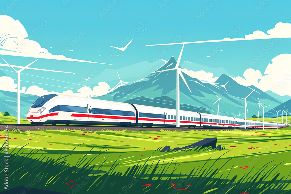 Fototapeta premium High Speed Rail Trains and Windmills Traveling in the Mountains and Wilderness - Concepts of Clean Energy and Green Development