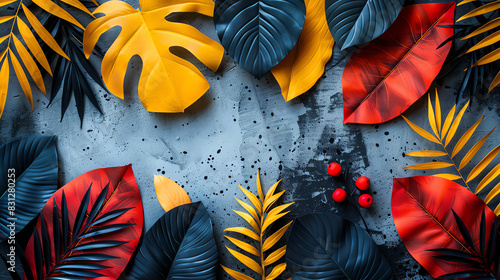 Vibrant tropical leaves and berries on a blue stone background. Perfect for a summery backdrop or wallpaper. photo