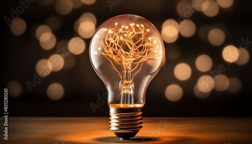 Creative light bulb with glowing tree filament on wooden surface, bokeh background symbolizes innovation, inspiration, and energy.
