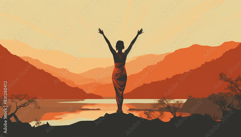 Digital artwork of a silhouette person with raised arms, standing on a mountain overlooking a serene sunset valley landscape. Digital artwork of a silhouette person with raised arms, standing on a mountain overlooking a serene sunset valley landscape.