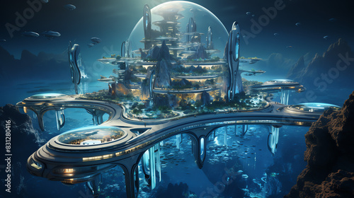 A fantasy city built on a river delta. The city is surrounded by mountains and there is a large moon in the sky. The city is lit by a variety of lights, including torches and lanterns. photo