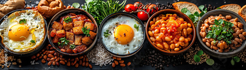 A variety of delicious breakfast foods are arranged on a table. There are eggs, beans, toast, and fruit. The food is all healthy and nutritious. photo