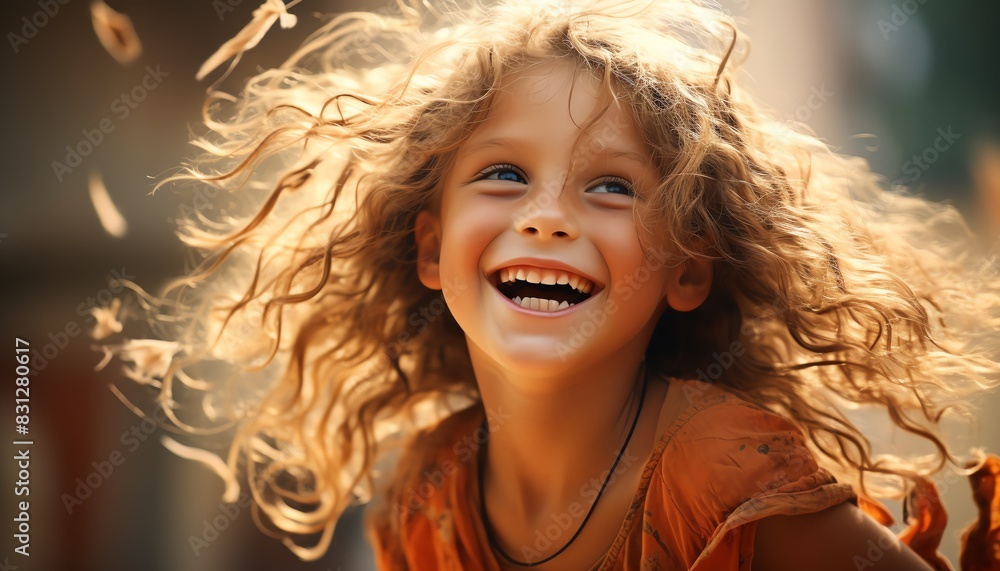 Joyful child with curly hair laughing outdoors, surrounded by a warm, sunny environment. Captures the essence of happiness and carefree childhood. Joyful child with curly hair laughing outdoors, surrounded by a warm, sunny environment. Captures the essence of happiness and carefree childhood.