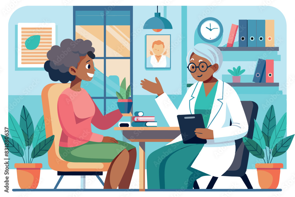 medical consultation. A doctor, wearing a white coat and holding a stethoscope, sits across from a patient at a table. He is holding a notebook and gesturing while talking to the patient. medical consultation. A doctor, wearing a white coat and holding a stethoscope, sits across from a patient at a table. He is holding a notebook and gesturing while talking to the patient.