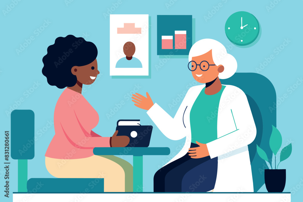 medical consultation. A doctor, wearing a white coat and holding a stethoscope, sits across from a patient at a table. He is holding a notebook and gesturing while talking to the patient. medical consultation. A doctor, wearing a white coat and holding a stethoscope, sits across from a patient at a table. He is holding a notebook and gesturing while talking to the patient.