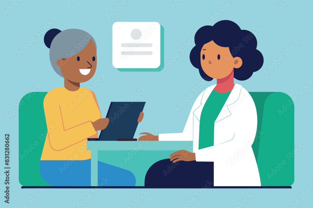 medical consultation. A doctor, wearing a white coat and holding a stethoscope, sits across from a patient at a table. He is holding a notebook and gesturing while talking to the patient. medical consultation. A doctor, wearing a white coat and holding a stethoscope, sits across from a patient at a table. He is holding a notebook and gesturing while talking to the patient.